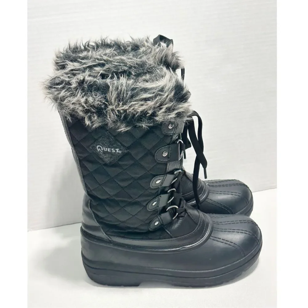 Quest Powder Winter Snow Boots Faux Fur Collar 3M Insulated Rubber Boots Black 7